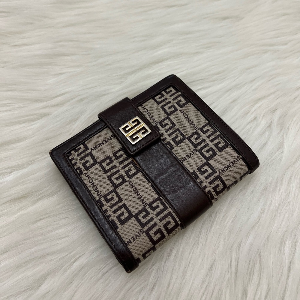 GIVENCHY - BROWN TAN CANVAS LEATHER COMPACT BIFOLD SNAP WALLET - Picture 3 of 10